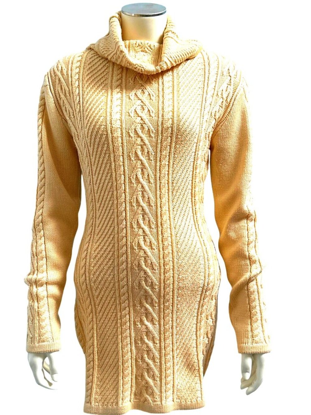 Cable Knit Turtleneck Sweater Tunic Beige Long Sleeve Cozy Knitwear